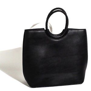 Black Vegan Leather Purse Structured Tote Braided Handles Matte Black Shopper